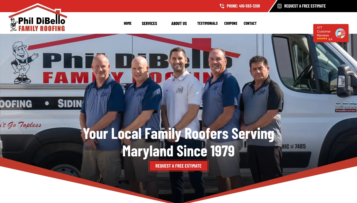 Phil DiBello Family Roofing website screenshot