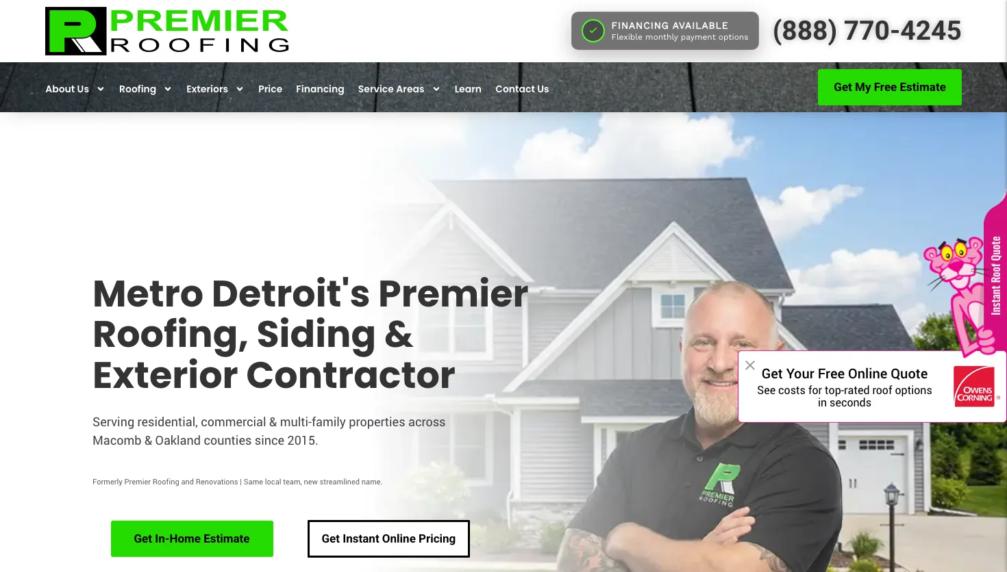 Premier Roofing and Renovations website screenshot