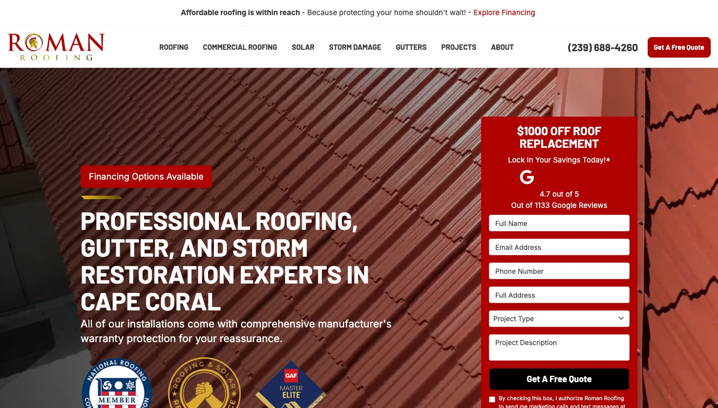 Roman Roofing Inc website screenshot