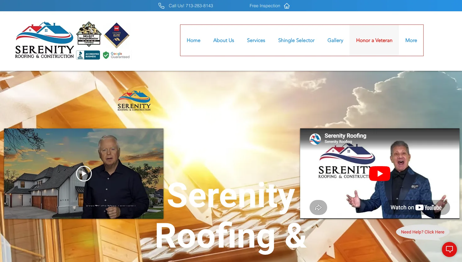 Serenity Roofing & Construction website screenshot