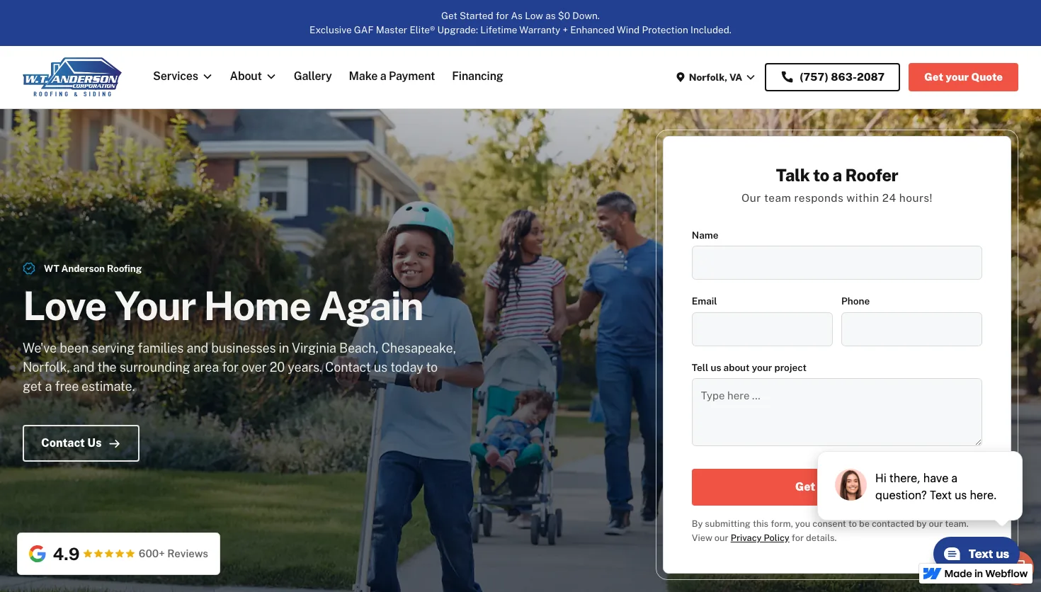WT Anderson Roofing & Siding website screenshot