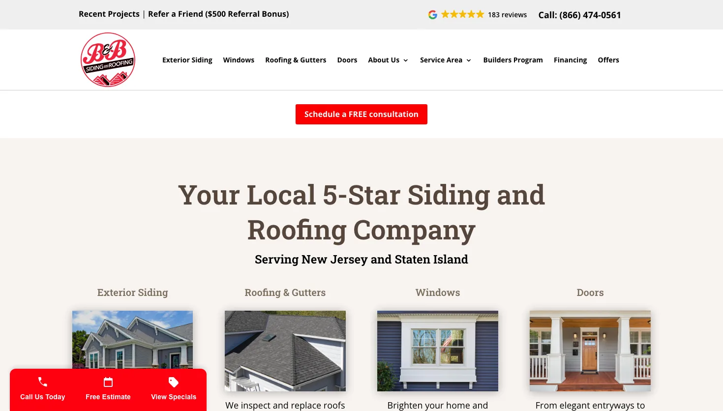 B&B Siding and Roofing website screenshot