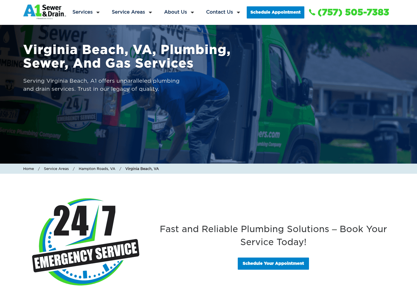 A1 Sewer & Drain Plumbing & Water Heaters website screenshot
