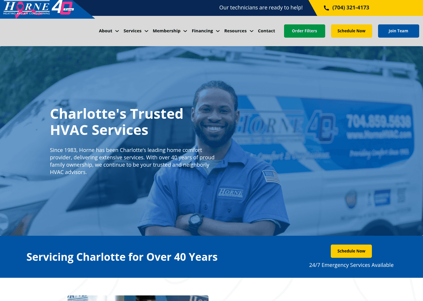 Horne HVAC Charlotte website screenshot