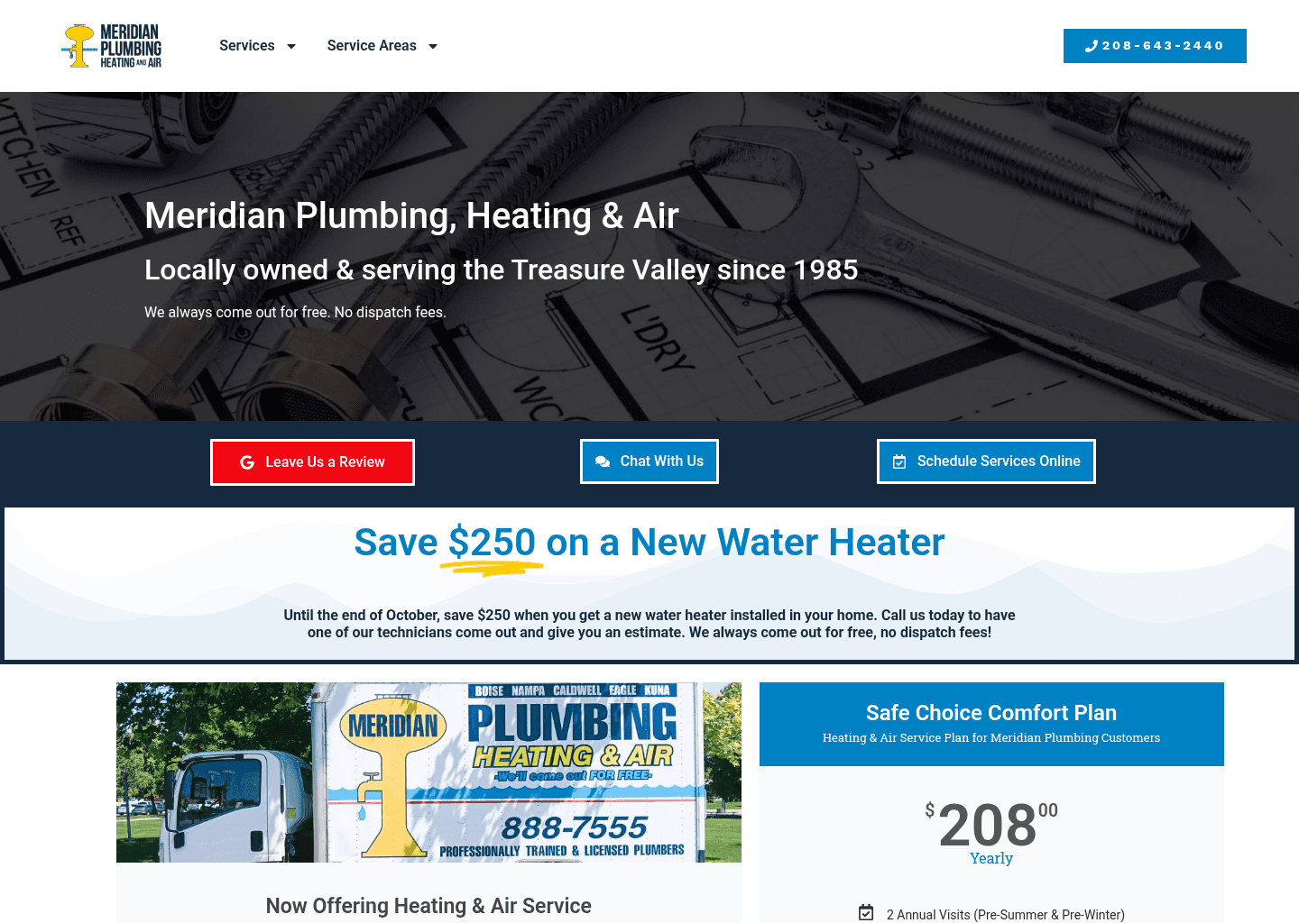 Meridian Plumbing, Heating and Air website screenshot