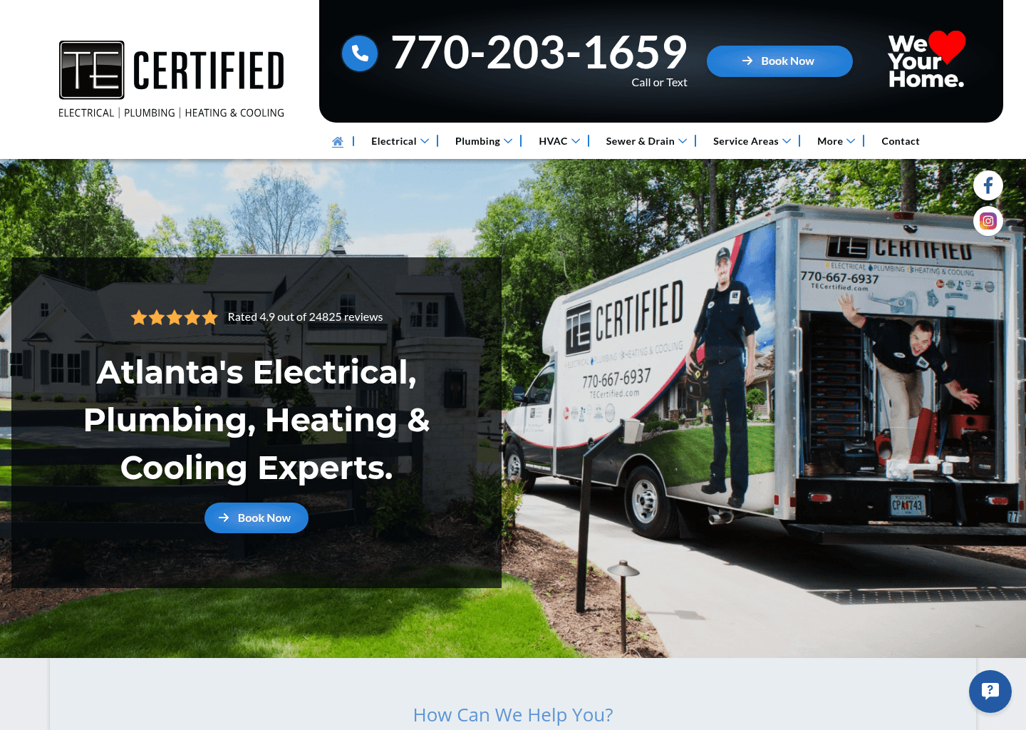 TE Certified, Electrical, Plumbing, Heating & Cooling website screenshot